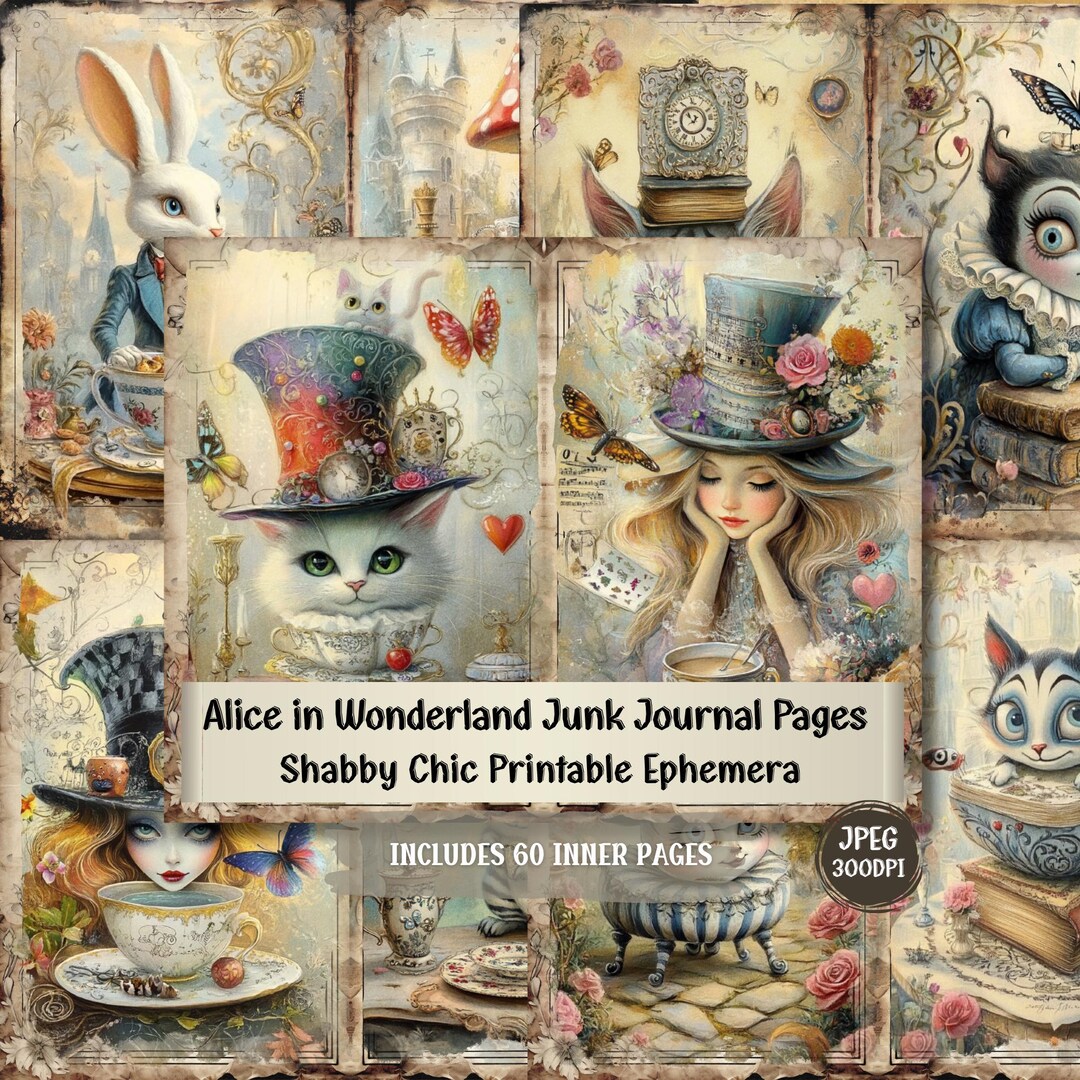 Alice in Wonderland Junk Journal Pages, Shabby Chic Printable Ephemera ...