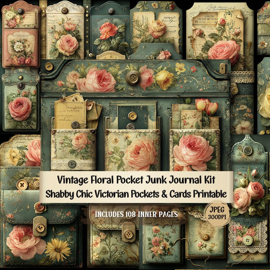 Vintage Floral Pocket Junk Journal Kit, Shabby Chic Victorian Pockets ...