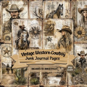 Puede incluir: Un collage de páginas de diario de estilo vintage con temática de vaquero del oeste. Las páginas presentan ilustraciones de vaqueros, caballos y paisajes desérticos. El texto en la pancarta dice "Vintage Western Cowboy Junk Journal Pages" e "Includes 65 Inner Pages."