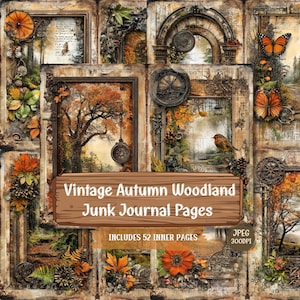 Könnte beinhalten: Eine Collage von Junk-Journal-Seiten im Vintage-Stil mit Herbstwald-Thema. Das Design zeigt gerahmte Bilder von Bäumen, Schmetterlingen und einem Vogel, mit einem Holzschild mit der Aufschrift "Vintage Autumn Woodland Junk Journal Pages". Enthält 52 Innenseiten.
