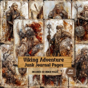 May include: A collage of illustrations featuring Viking warriors. The images have a vintage, aged appearance with a sepia-toned color palette. Text on the image reads "Viking Adventure Junk Journal Pages" and "Includes 60 Inner Pages".