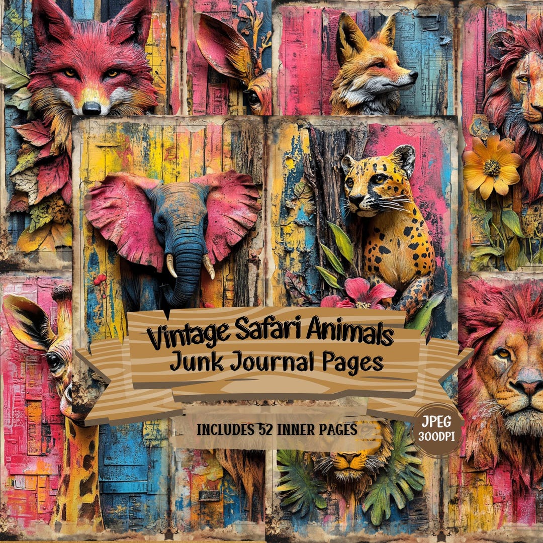 Safari Junk Journal Pages | Vintage Wildlife Collage, Tropical Florals ...
