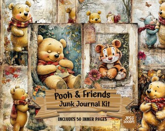 Puede incluir: Un collage con Winnie the Pooh y sus amigos. La imagen incluye ilustraciones de Pooh, Tigger, Piglet y otros personajes. El texto "Pooh & Friends Junk Journal Kit" se muestra en una pancarta, con "Includes 50 Inner Pages" debajo.