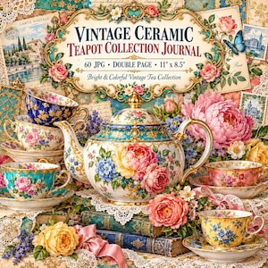 May include: A digital journal titled VINTAGE CERAMIC TEAPOT COLLECTION JOURNAL, 60 JPG, DOUBLE PAGE, 11" x 8.5". The image features a central ceramic teapot with floral patterns, surrounded by matching teacups, saucers, and roses on books.