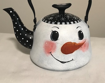 Snowman on repurposed teapot with black trim