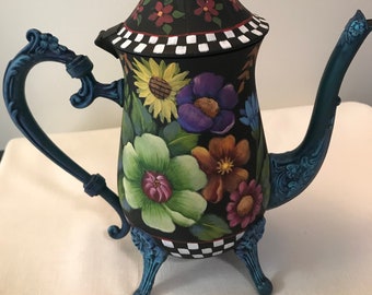 Flowers and Checks Hand Painted Repurposed Coffee Pot