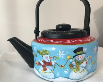 Light Up The Snow Repurposed Hand painted Tea Kettle