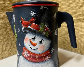 Cardinal Companion Hand Painted Coffee Pot Snowman