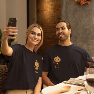 Trick or Treat Tee, Couple Halloween T-shirts, Matching Halloween shirts, Pumpkin couple shirts, His and hers funny gift Shirts