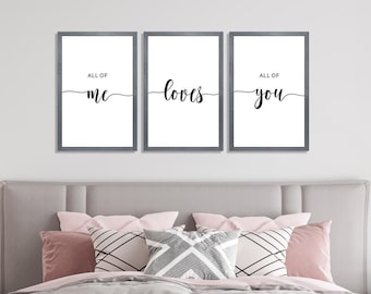 Set med 3 skyltar till sovrummet för över sängen, väggdekoration till sovrummet, present till möhippa, väggkonst till sovrummet, "All Of Me Loves All You"-skylt