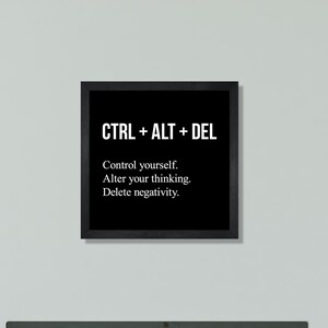 May include: A black framed motivational poster with white text that reads "CTRL + ALT + DEL" and "Control yourself. Alter your thinking. Delete negativity."