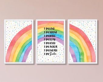 Juego de 3 letreros de afirmaciones arcoíris, afirmaciones positivas, letrero para habitación de niña, decoración para habitación de niña, arte de pared con afirmaciones para niños, arte inspirador