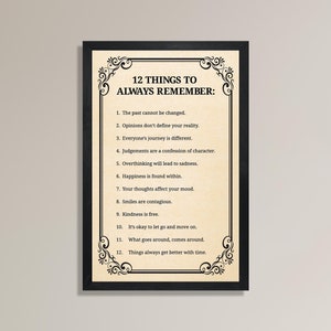 May include: A black framed print with a white background and black text. The text reads "12 THINGS TO ALWAYS REMEMBER:" followed by a list of 12 positive affirmations.