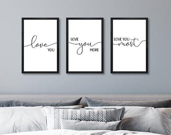 3er-Set Master Schlafzimmer Drucke, I Love You More Zeichen, Schlafzimmer Wanddekoration, Wandkunst, Ich liebe dich am meisten, einzigartiges Jubiläumsgeschenk für Paare