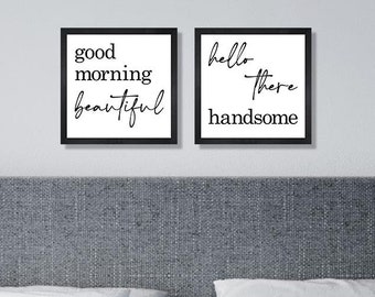 Set Of 2 Good Morning Beautiful Hello Handsome Signs, For Bedroom, Master Bedroom Sign, Master Bedroom Wall Decor Over The Bed Signs, Gift