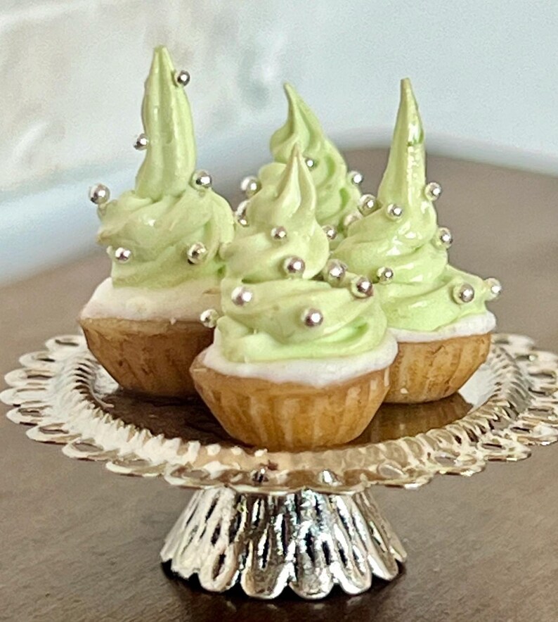 Cupcakes presented on a silver cake stand 1/12 scale miniature image 1