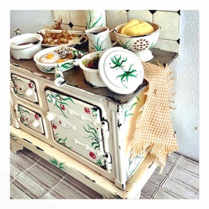 Floral Old Stove Meal Prep Scene Hanpainted by Me. 1/12 Scale Miniature ...
