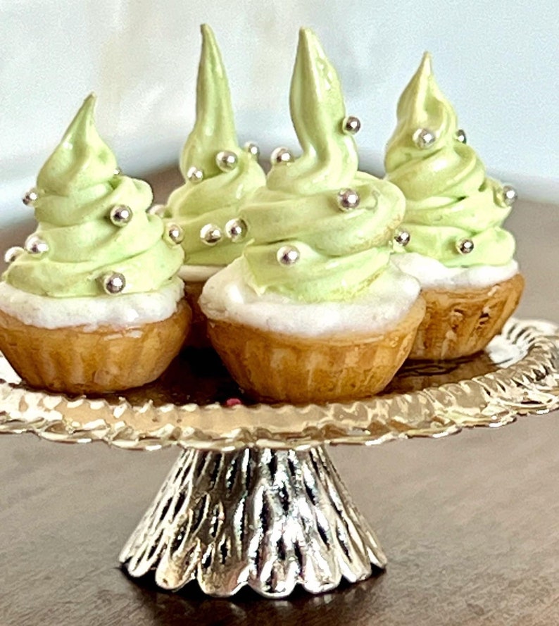 Cupcakes presented on a silver cake stand 1/12 scale miniature image 2