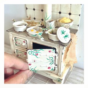 Floral Old stove meal prep scene Hanpainted by me. 1/12 scale miniature image 3