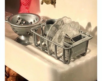 Dish drainer rack complete set  + colander -  for dollhouse - 1/12 scale