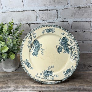 Antique French Sarreguemines Plate – Royat U&C Blue Floral Ironstone – 1800s Transferware – Scratched