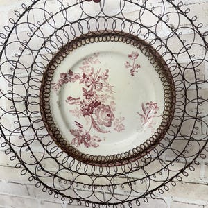 Antique French Transferware Plate with Wire Loopwork Frame- 19th Century Red Floral Ironstone