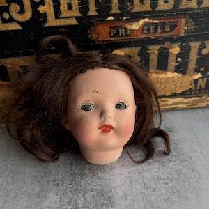 Vintage Doll Head: Sleepy Eyes, Long Brown Hair, Oddity