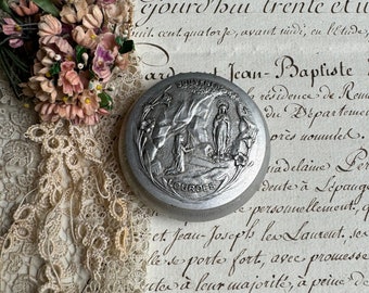 French Lourdes Souvenir Tin- Silver Colored Container Round Embossed- Grotto- French Brocante