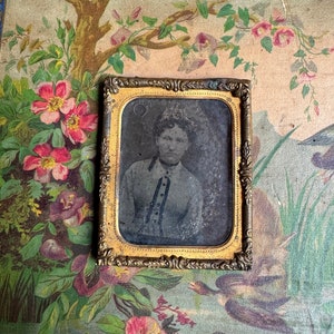 Antique Young Lady Tintype Photo in Gold Colored Frame, 1800&#39;s Victorian Era