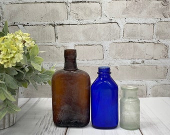 Antique Bottles- Blue Brown and Seafoam Green Glass Bottles- Vintage Bottles (3) Instant Collection Bottle Lot
