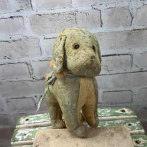 Antique Stuffed Dog Toy- French- Early 1900&#39;s Velvet Pup with Ribbon & Pom Pom Details