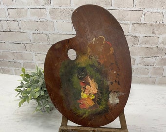 Vintage Artist Paint Palette from France- Art Studio Decor- Wooden Kidney Shaped Large Palette