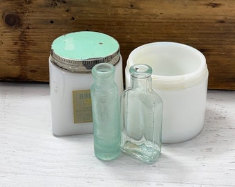 Vintage Milk Glass Jars and Seafoam Green Bottles- Face Cream Avon Beauty Cream Collectible Glass