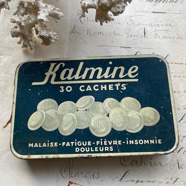 Vintage French Medicine Tin Box- Kalmine 30 Cachets- Blue Box Nice Graphics- Pharmacy- Apothecary