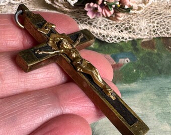 French Crucifix Cross Pendant- Black Ebony Wood and Gold Toned- Religious Jesus Christ on Cross