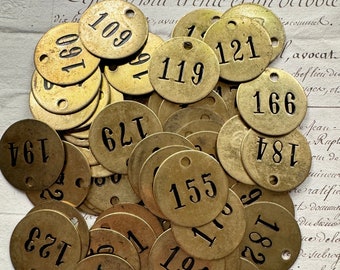Vintage Brass Number Tags (6)  Media- Round 1.5" Repurpose- Jewelry Making- Stamped Number Industrial- DIY