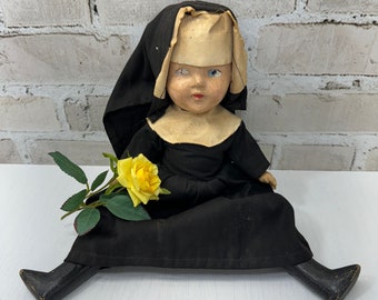Vintage Nun Doll- Catholic Religious Composition Sister Doll in Black Habit