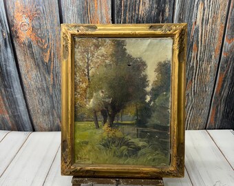 Vintage French Oil Painting Landscape- Stencil on Back- Hand Painted Gold Framed Original Artwork