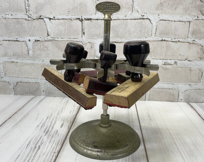 Vintage Rubber Stamp Holder Carousel With Stamps Retro Office Decor Silver Metal Turning Stand