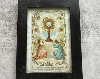 Antique Religious Framed Sacred Picture- Italian Praying Figures- Gold Trim- Black Frame