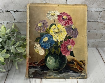 Vintage French Oil Painting- On Canvas- Floral Arrangement- Flowers in Vase- Hand Painted Original Artwork- Shabby French Country