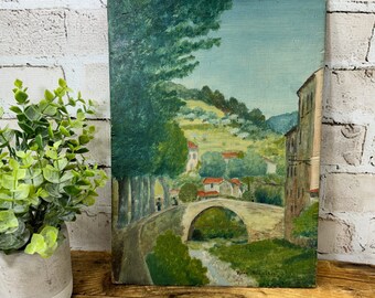 Vintage French Painting on Hardboard- Landscape with Village and Bridge- Hand Painted Signed Original Artwork