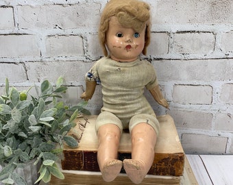 Vintage Composition Doll- Scary Creepy Doll with Wonky Eye- Nightmares- Halloween Decor Crackled Surface- Imperfections