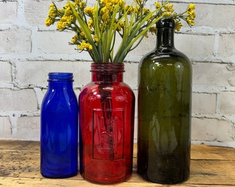 Antique Bottles- Red, Blue & Green Glass Bottles Decorative Vintage Bottles (3) Instant Collection Bottle Lot- Free Shipping