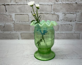 Green Opalescent Glass Vase with Fluted Top- Flower Vase- Window Decor- Barrel Shaped