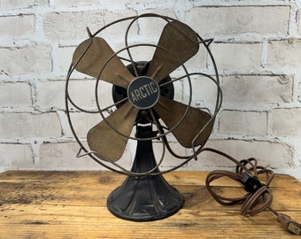 Vintage Arctic Fan- Small Sized- Cast Metal Art Deco Base- Black Electric Fan- Working- Industrial Fan with Cage- Table Fan