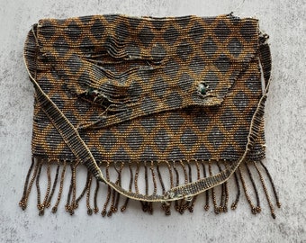 Antique Beaded Purse- Sold As Is- Gold and Black Diamond Pattern