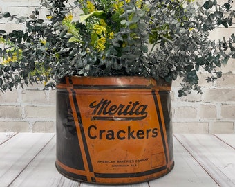 Vintage Merita Crackers Container- Large Advertising Tin- Orange and Black- Vintage Farmhouse Kitchen Decor- Vintage General Store