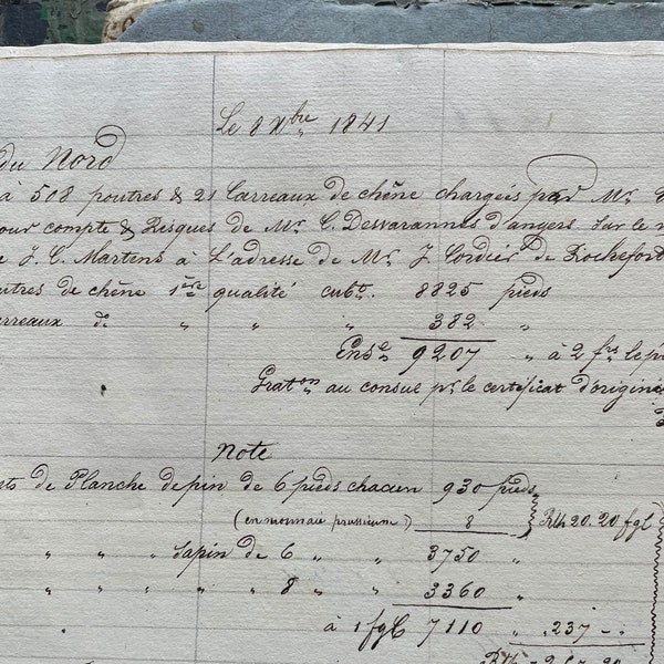 French Script Writing- Antique Ledger Pages (2) from the 1840's- Document Page with Fancy Hand Cursive Writing- Paper Ephemera Mixed Media