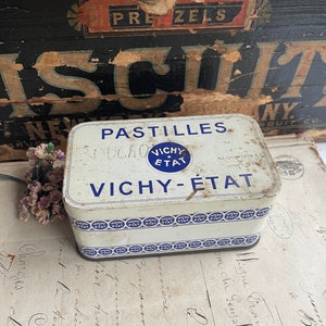 French Vintage Tin Box- Blue and Beige Collectible Box- France Vichy-Etat Pastilles